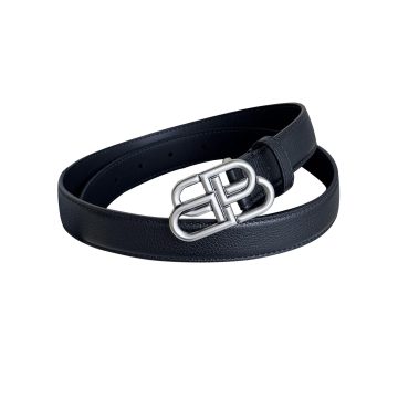 Balenciaga Women's BB Thin Belt In Black Grained Calfskin With Aged-Gold/Silver/Matte Black Hardware 25mm