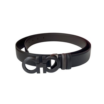 Ferragamo Men's Double Gancini Buckle Reversible Belt In Black/Coffee Smooth Calfskin With Gold/Silver/Black/Gun Black Hardware 35mm