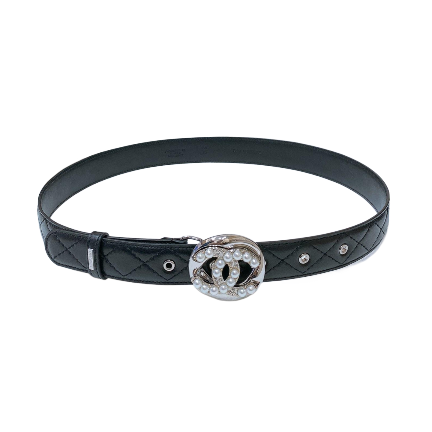 Chanel Women's Pearls CC Belt In Blue/Black/White Lambskin With Gold/Silver Hardware - 图片 6