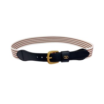 Valentino Square Buckle Belt In Black/Blue Calfskin And Brown/Blue Canvas With Gold/Silver Hardware 25mm