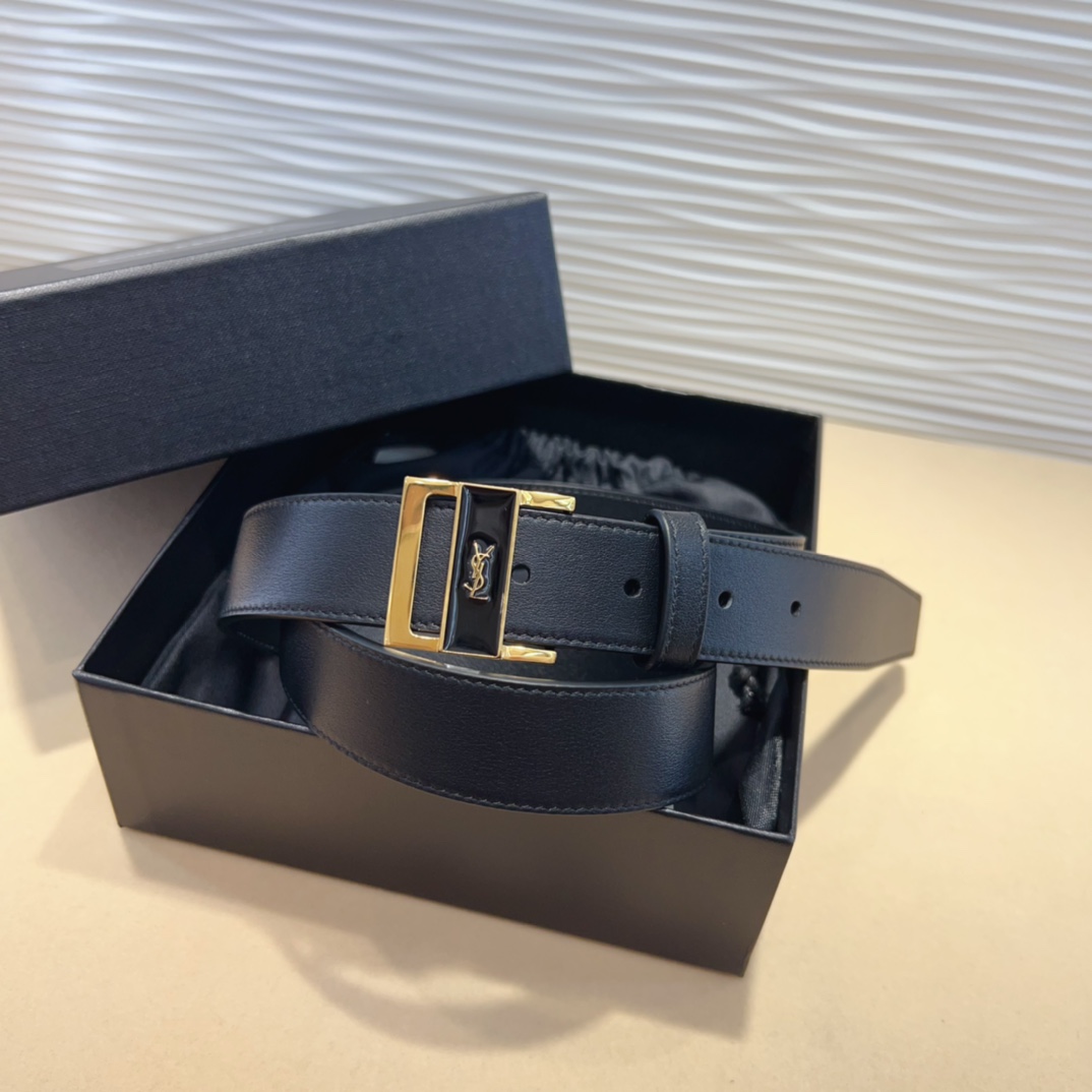 Saint Laurent GIO Belt In Black Box Calfskin With Gold/Silver Hardware 30mm - 图片 2