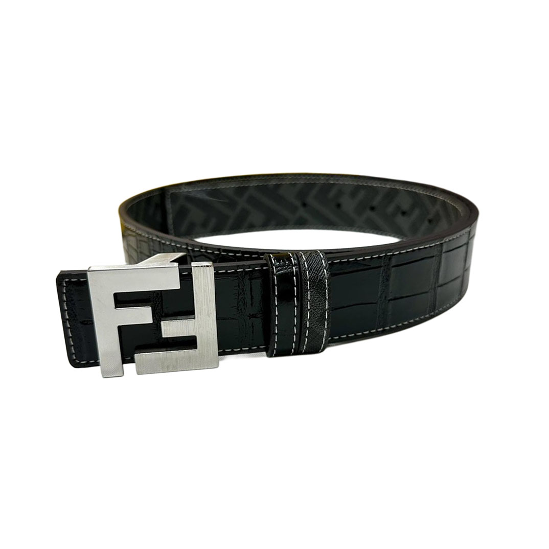 Fendi Men's Squared FF Buckle Belt In Black Crocodile-Embossed Calfskin And Monogram Canvas With Gold/Silver/Gun Black Hardware 40mm - 图片 2