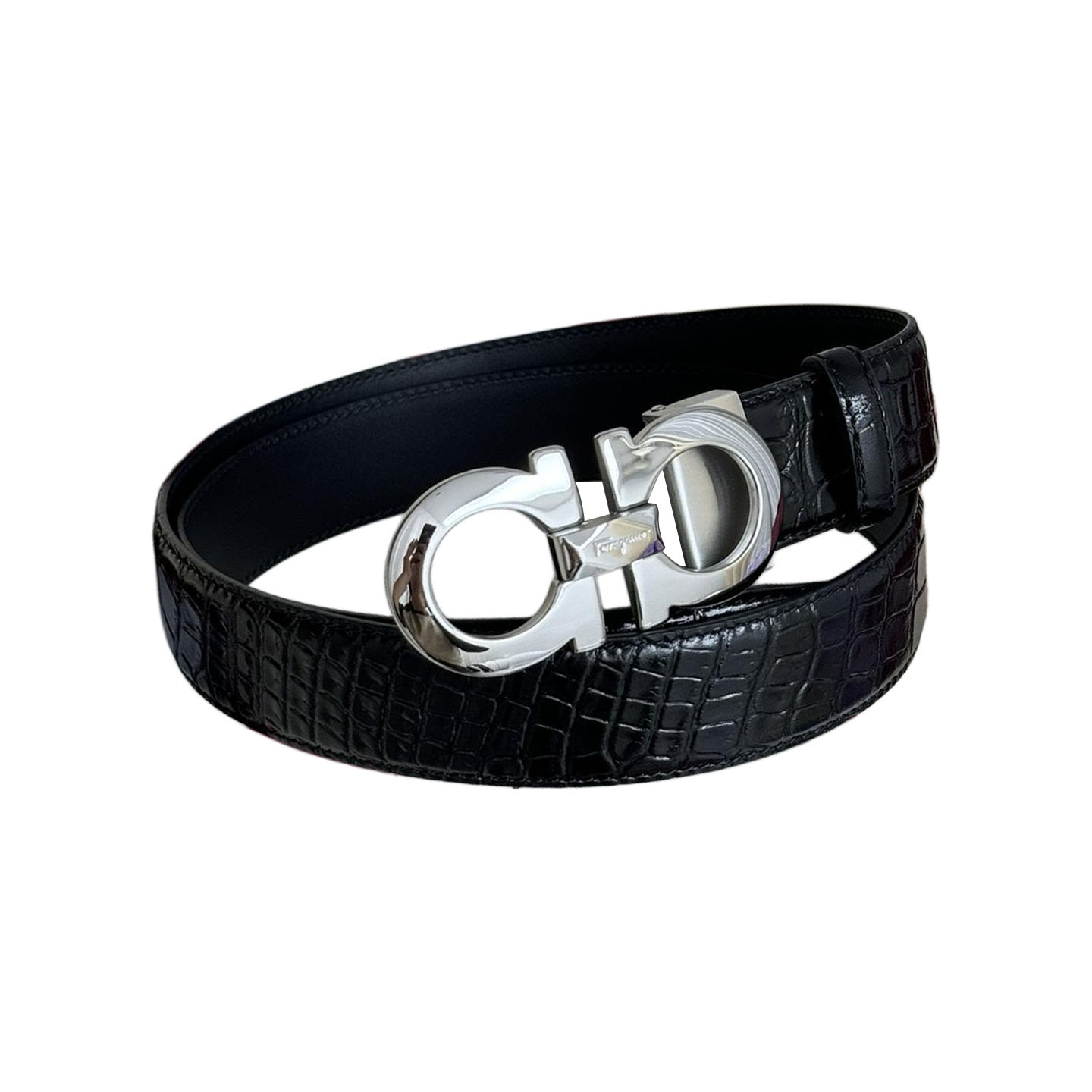 Ferragamo Men's Double Gancini Buckle Reversible Belt In Black Crocodile-Embossed Calfskin With Gold/Silver/Black Hardware 35mm - 图片 4