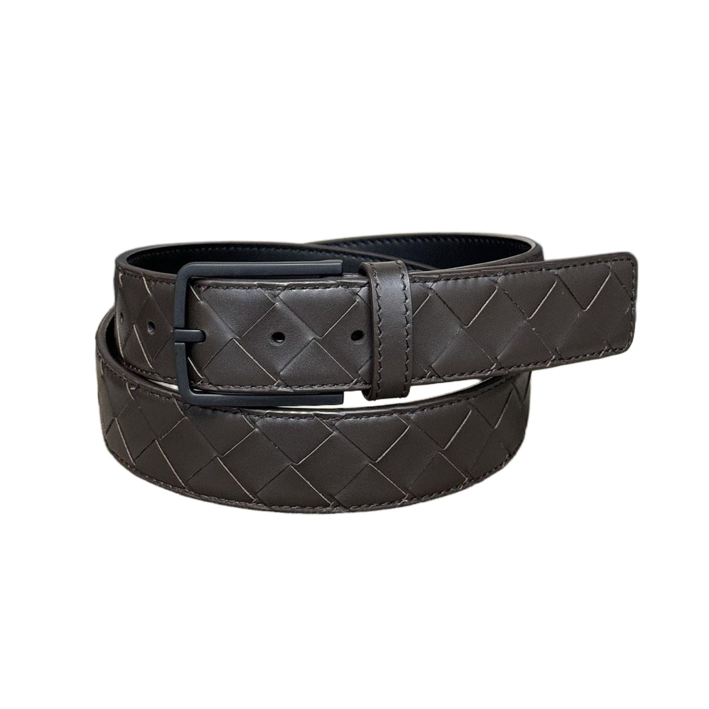 Bottega Veneta Men's Square Buckle Intrecciato Belt In Black/Coffee/Blue/Grey Calfskin With Black Hardware 35mm - 图片 8