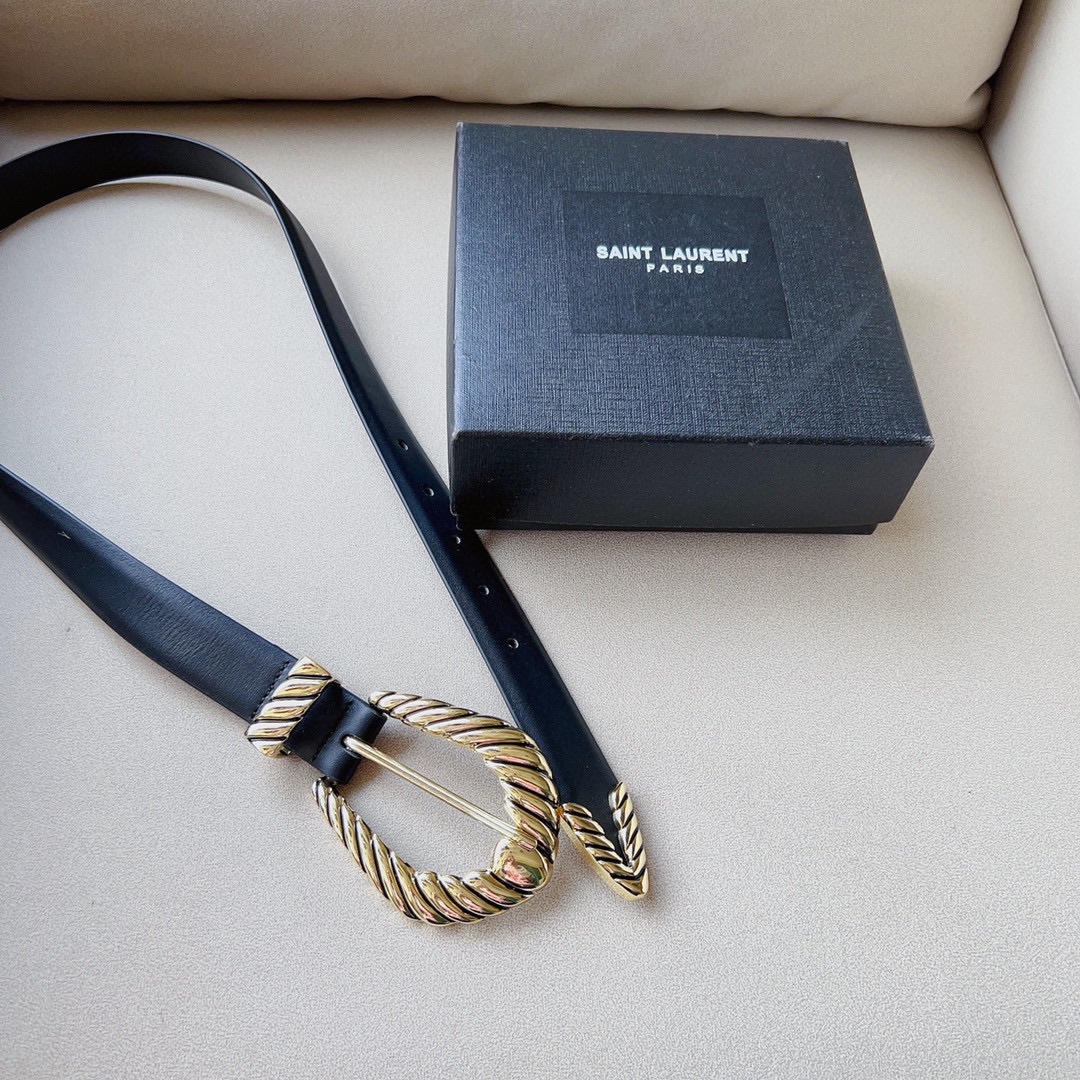 Saint Laurent Croissant De Lune Buckle Large Belt In Black Smooth Calfskin With Gold Hardware 30mm - 图片 5