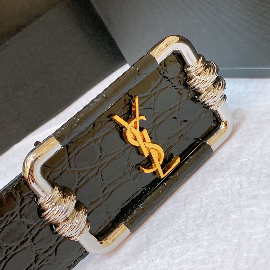 Saint Laurent Cintura Logo Buckle Belt In Black Crocodile-Embossed With Silver/Gold Hardware 30mm - 图片 5