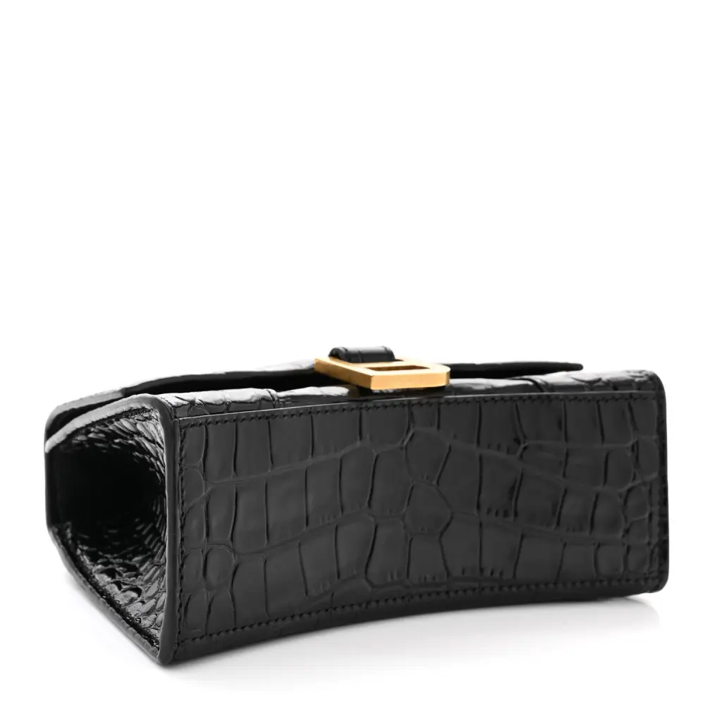 Balenciaga XS Hourglass Top Handle Bag Black Crocodile Embossed Shiny Calfskin Leather Gold Hardware - 图片 6