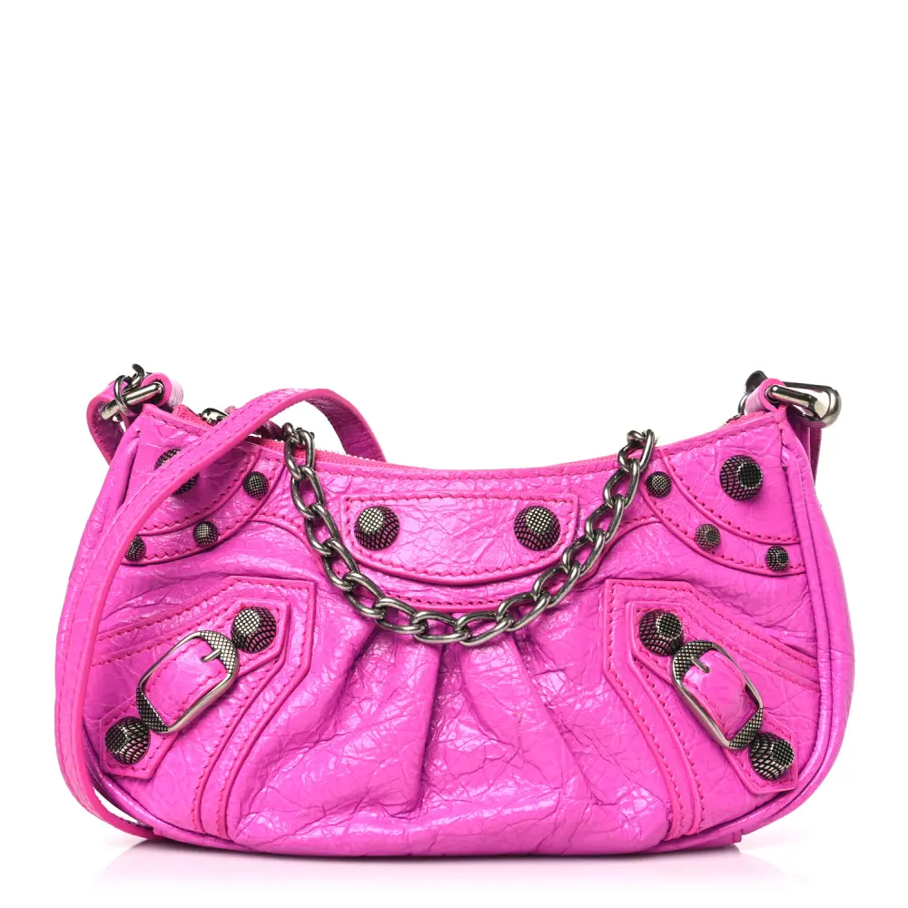 Balenciaga Le Cagole Mini Purse With Chain Lipstick Pink Agneau Arena Leather Silver Hardware