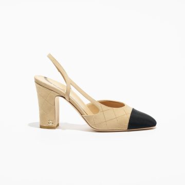 Chanel, Beige, gold and black，Suede, sheep leather and grosgrain, Rear lace up high heels High Heels Sandal