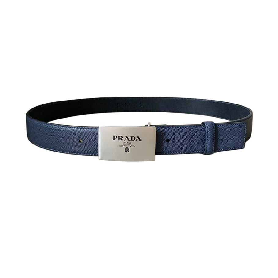 Prada Men' s Square Buckle Belt In Black/Blue Saffiano Calfskin With Silver/Black Hardware 35mm - 图片 4