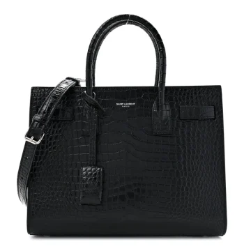 Saint Laurent Small Sac De Jour Black Embossed Calfskin & Crocodile Leather Silver Hardware