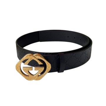 Gucci Men's Square Double G Buckle Belt In Black Monogram Calfskin With Gold/Silver Hardware 40mm