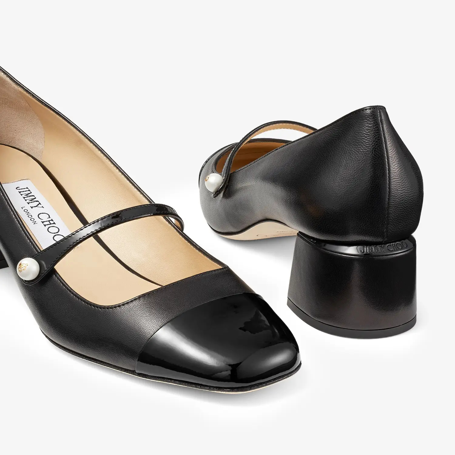 JIMMY CHOO Black leather and Patent paint leather heels Square head and thick heel shoes - 图片 3